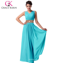 Grace Karin Ladies Long V-Neck Chiffon Beaded vestido de formatura azul turquesa CL3403-3